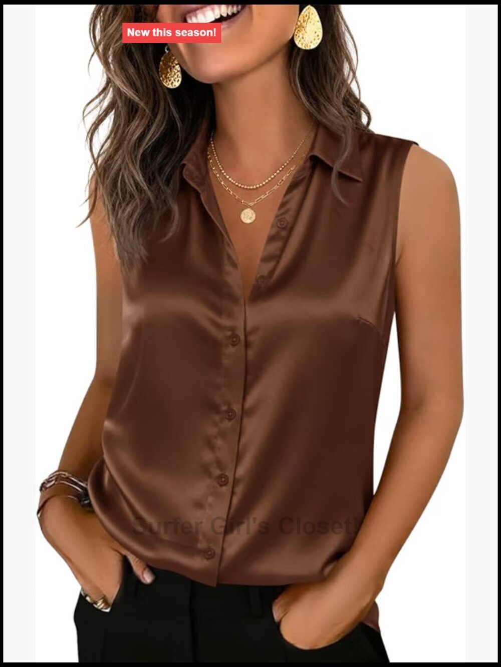Satin Sleeveless Button Down Shirt Women's Silky Work Blouse